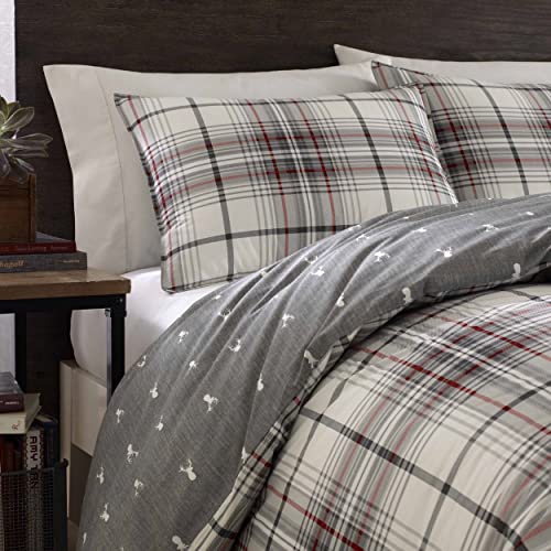 Queen Size Duvet Cover Set with Shams - Grey Red Plaid Reversible Cotton