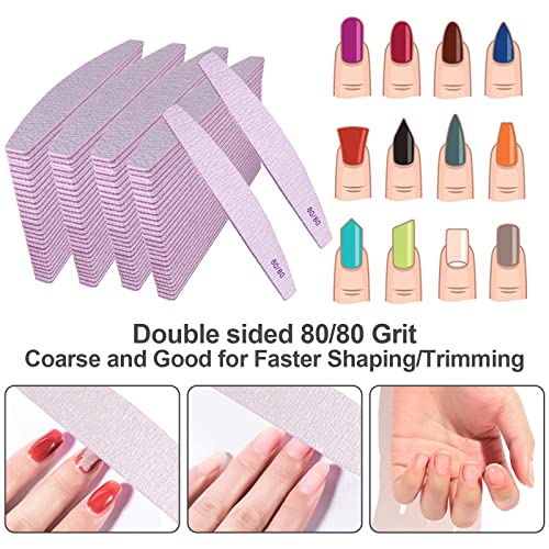 Nail Files 80/80 Grit (100 Pack), Emery Boards for Acrylic Nails and Gel Nails, Coarse Nail File 80 Grits Double Sided Emory Board Professional Nail Filers Reusable Washable Manicure Curved Gray Bulk