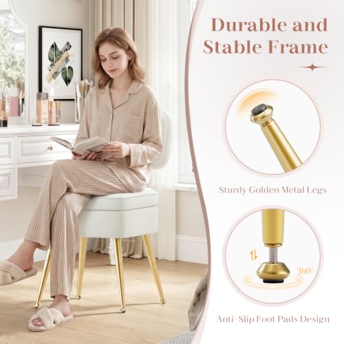 Beige Velvet Vanity Chair with Storage & Gold Legs - No Wheels, Modern Bedroom Makeup Stool