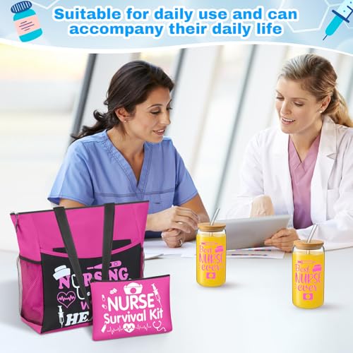 5 Pcs Valentine Nurse Gifts for Women Include Ribbon Zippered Tote Bag Makeup Bag 16 oz Glass Cup Bracelets and Sock Appreciation Gift Set for Galentines Female Gift(Hot Pink,Nurse)