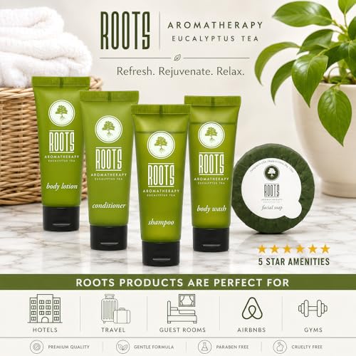 Roots Aromatherapy 150 Pack Hotel Toiletries Bulk Set for Airbnb & Hospitality, Travel Size Shampoo Conditioner Body Wash Lotion & Bar Soap, 0.01 Fl Oz