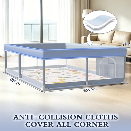 Baby Playpen with Mat 65 x 50 Inch - Indoor & Outdoor Toddler Play Yard, Skin-Friendly Fabric, Grey (Variation: With Mat)