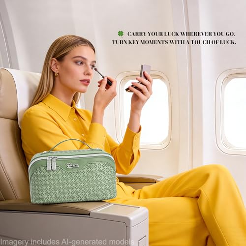 M-01 Green Travel Makeup Bag for Women with Removable Pouches - Lucky Four Leaf Clover Cosmetic Organizer