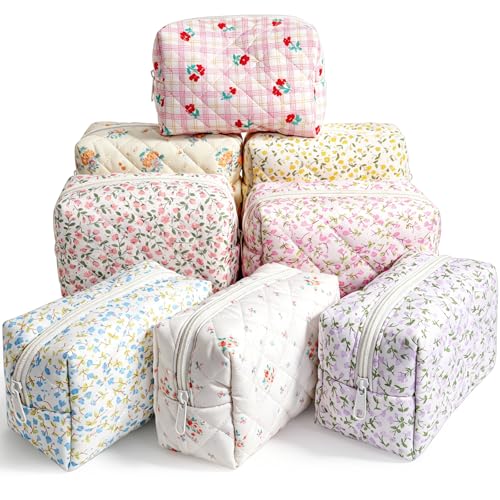 Giesiery Floral Cotton Quilted Makeup Bags Set of 8 Travel Cosmetic Pouches