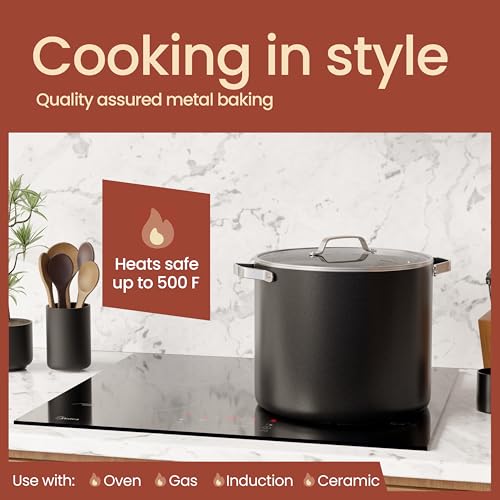 16 Quart Ceramic Coated Stock Pot with Lid - Nonstick, Oven Safe, All Stove Compatible - Black