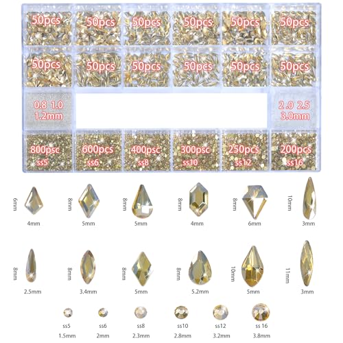 HNUIX Champagne Gold Nail Rhinestones Kit - 3D Multi-Shape Gems for Manicure & Nail Art