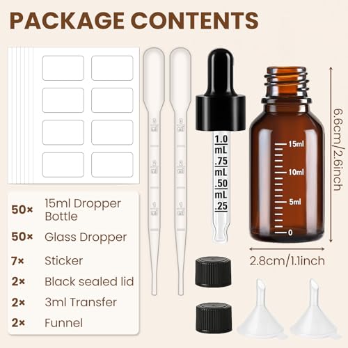 50 Pcs 0.5oz Amber Glass Dropper Bottles with Measurement and Accessories - UV Protected, Reusable