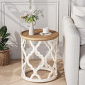 Farmhouse End Table with Tray - French Country Round Side Table Beige 18.5 In - Karlott