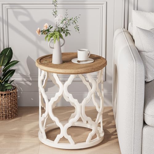 Farmhouse End Table with Tray - French Country Round Side Table Beige 18.5 In - Karlott