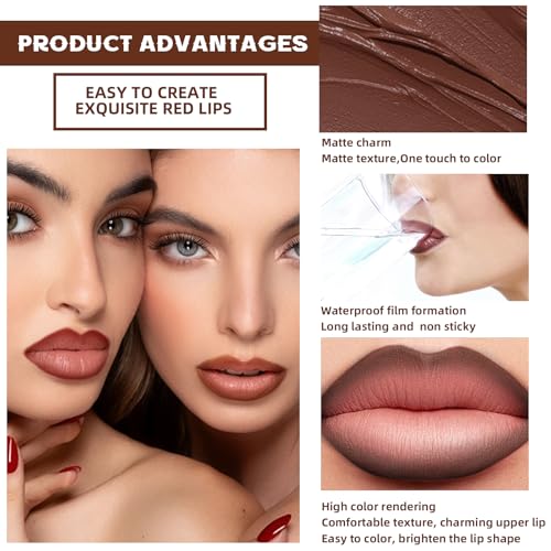 3 Colors 2 in 1 Lip Liner Set, Matte Nude Dark Brown Red Lip Liner Plumping Smooth Creamy Lip Pencil, High Pigmented Long lasting Light Brown Lipstick Makeup
