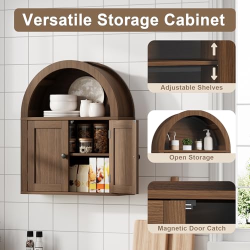 ChooChoo Arched Wall Cabinet - Double Door Medicine Cabinet with Shelf - Walnut Variation