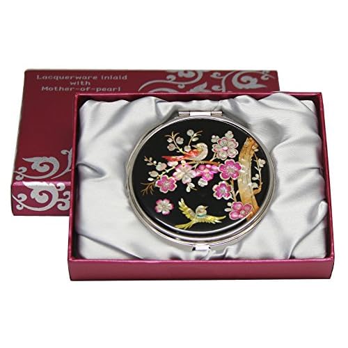 Mother of Pearl Design 2-Sided 2X/1X Magnification Compact Mirror, Pocket Travel Makeup Mirror, Small Metal Portable Handheld Cosmetic Mirror for Purses, Gift for Mom Women (Pink Plum Flower)