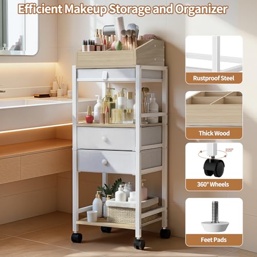 Luxspire Makeup Organizer Cart, Floor Skincare Organizers, Makeup Storage with Drawers, Vanity Organizer Cosmetics Display Cases Holder for Skin Care, Perfume, Makeup Brush, Hair Tool, Wood & White