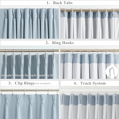 40W x 102L Dusty Blue Curtain Set - Full Blackout Pinch Pleat Drapes with Liners, Pack of 2
