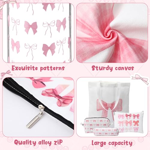 Coquette Gift for Women Bow Preppy Makeup Bag Set Aesthetic Glass Cups with Lids, Canvas Tote Bag Gift Set, Bow Themed Gifts for Woman(Pink)
