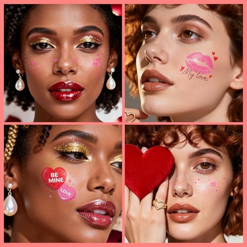 Cerlaza Valentines Day Accessories, 40 Pcs Valentines Temporary Tattoos Heart Glitter Freckles Face Stickers Makeup for Woman, Valentine's Day Trinkets Decorations Party Favors Goodie Bag Stuffers