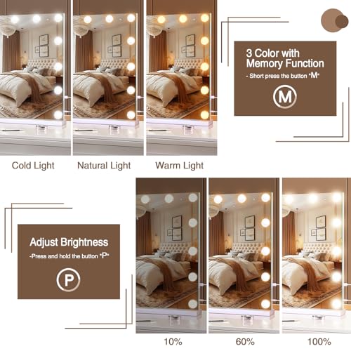 Vanity Makeup Mirror with Lights, Light Up Mirror with Smart Touch 3 Colors Dimmable, Memory Function