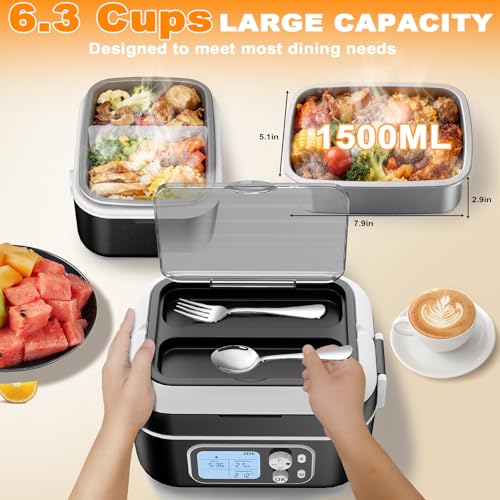 Cordless Electric Lunch Box with 27,000mAh Battery - Black, 6.3-Cup Capacity, Self-Heating Food Warmer