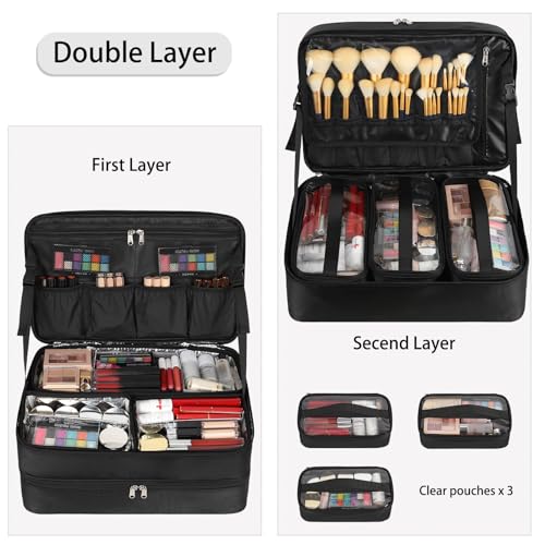 Extra Large Makeup Case, Professional Makeup Train Case for Makeup Artist Traveling Organizer, Double Layer XL Cosmetic Travel Case for Cosmetology with 3 Detachable compartments and 3 Makeup Bags