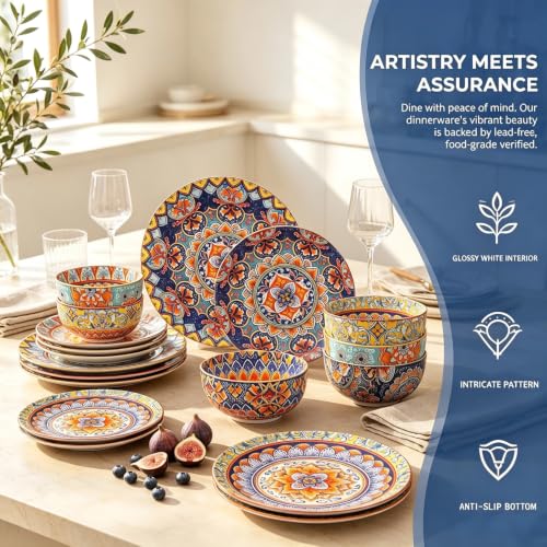 12-Piece Bohemian Ceramic Dinnerware Set for 4 with Colorful Plates & Bowls