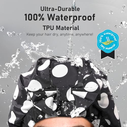 LitBear Silk Lined Waterproof Shower Cap for Women - Black Dots
