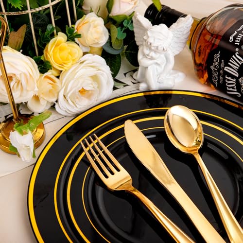 bUCLA Black & Gold Disposable Dinnerware Set 600pcs - Elegant Party Plates & Cutlery