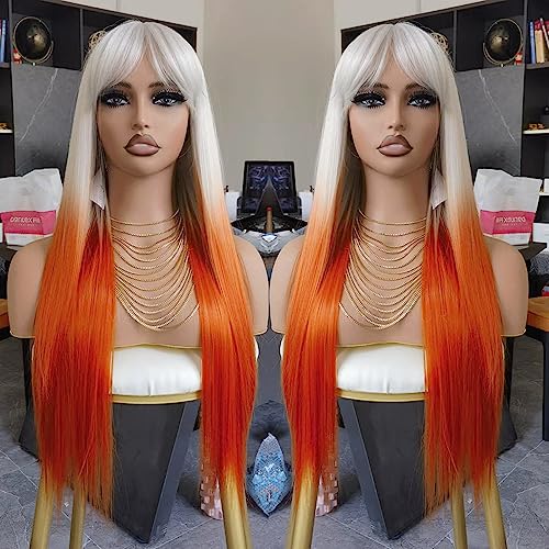 Long Straight Synthetic Wig with Full Bangs - Orange White Ombre, No Lace, Heat Resistant, 22 Inch - Fashion Women