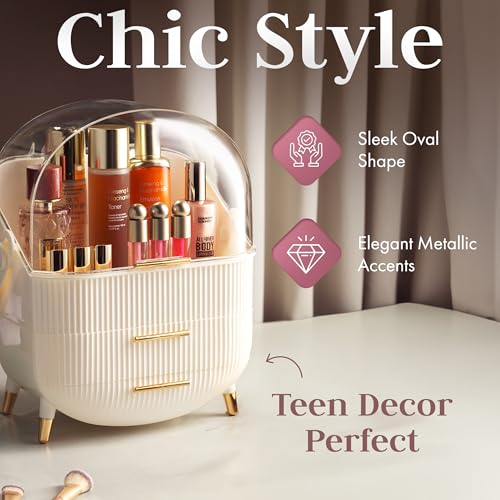 Large Clear Makeup Organizer with Lid & Drawers - White Variation