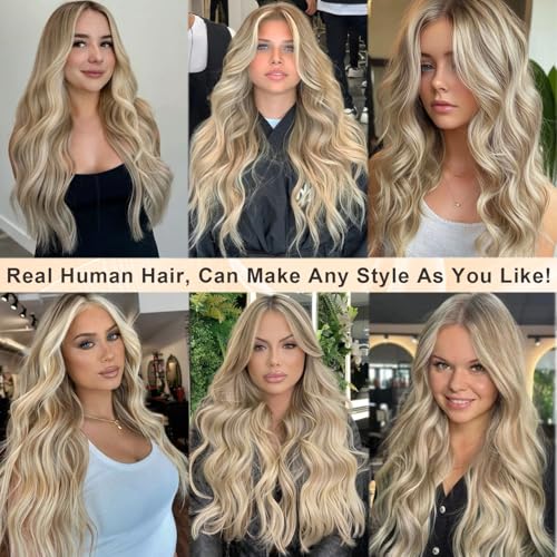 Benafee Highlight Ombre Ash Blonde 13x4 Lace Front Wig 18 Inch Light Blonde Highlights, Pre-Plucked Natural Hairline, 180% Density, Human Hair, Glueless