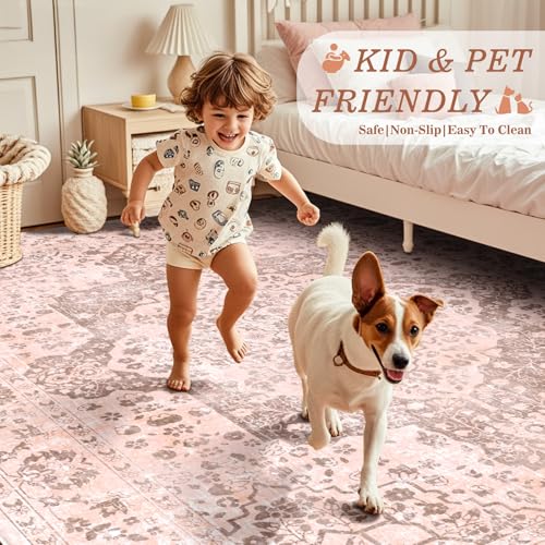 nesrt Pink 8x10ft Boho Area Rug - Washable Non-Slip Indoor Carpet for Living Room & Bedroom