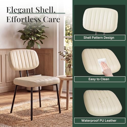 Set of 2 Dining Chairs with Waterproof PU Leather, Ergonomic Shell Design - Beige White