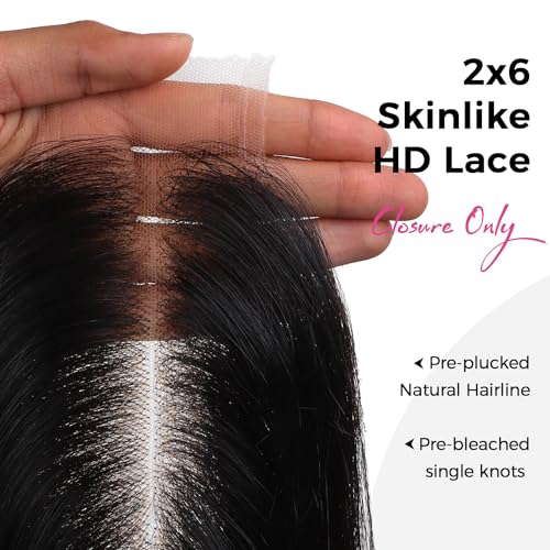 2x6 HD Lace Closure Human Hair Straight - Pre-Bleached Knots, Invisible HD Lace, 12 Inch Black Variation