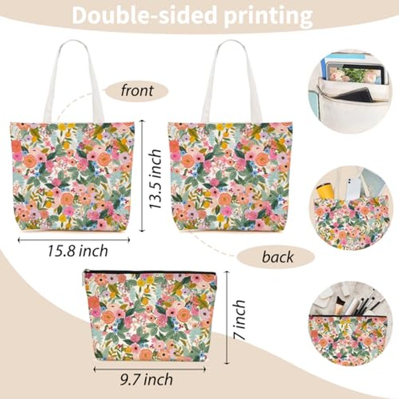 Aesthetic Floral Canvas Tote Bag Makeup Bag Set Flower Decor Gifts for Women Girls Daughter Friend Bestie Vacation Travel Work Birthday Christmas Reusable Shopping Grocery Bags Travel Cosmetic Bags