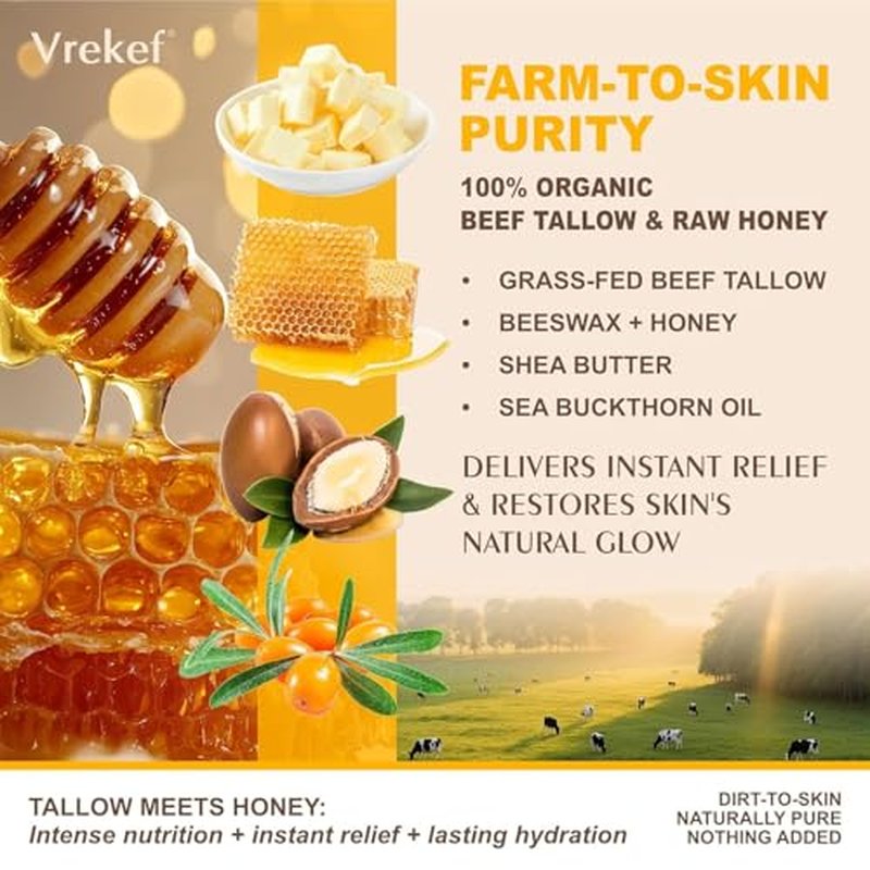 Beef Tallow for Skin (4.2 oz)? Tallow and Honey Balm for Face & Body ? Grass-Fed Tallow with Beeswax, Sea Buckthorn Oil, Shea Butter, Vitamin E ? Natural Moisturizer