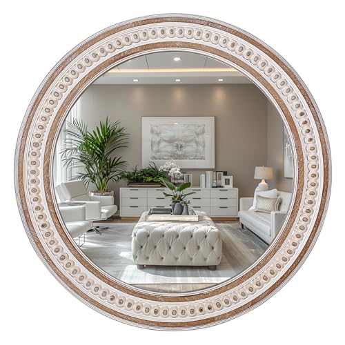 Decointo 24 Inch Round Rustic Wooden Bathroom Mirror - Style 1