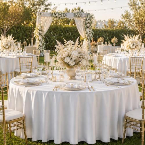 White Round Tablecloth 120 Inch, 10 Pack Washable Polyester Cover for Dining & Events - Variation of White / 10 Pack
