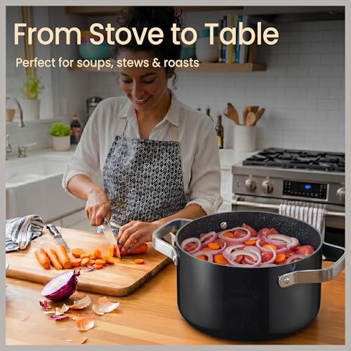 16 Quart Ceramic Coated Stock Pot with Lid - Nonstick, Oven Safe, All Stove Compatible - Black