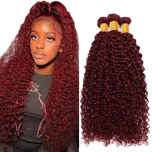 Ratheinhi Burgundy Human Hair Bundles Curly Wave 26-30 Inch, 99J Color, 300g Virgin Brazilian Hair