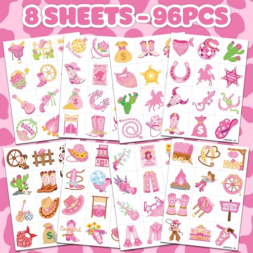 96 PCS Disco Western Cowgirl Pre-Cut Temporary Tattoos for Kids | Super Cute Themed Birthday Party Favors, Supplies, Decorations, Pink Fake Tattoo Stickers (multiple)