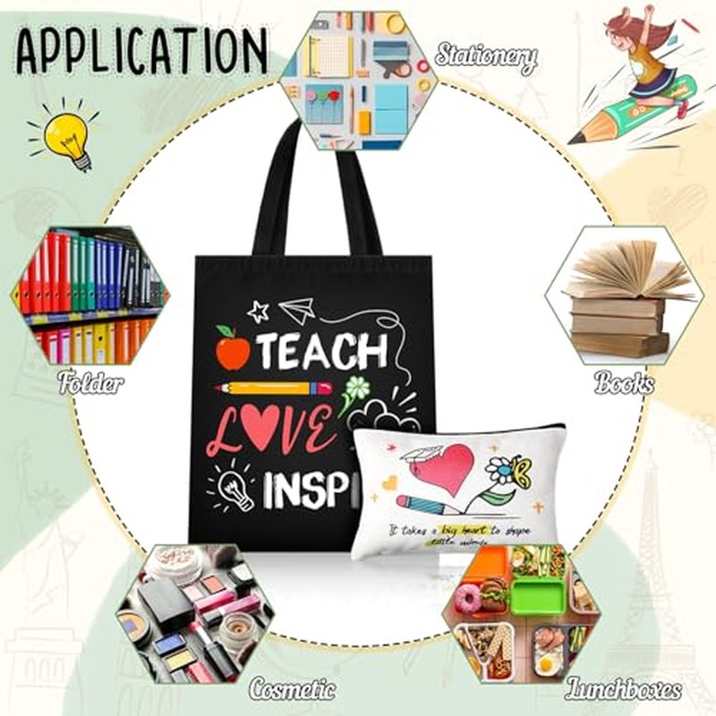 Blosssound 12 Pcs Teacher Appreciation Gift for Women Canvas Tote Bag Thank You Teacher Cosmetic Makeup Bag