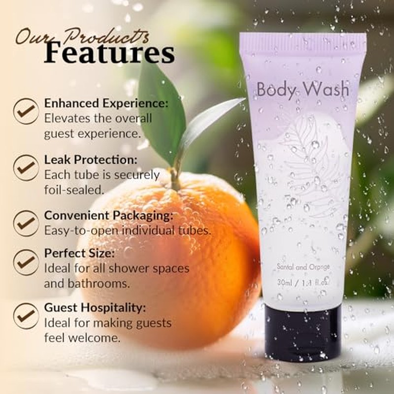 Leak-Proof Travel Size Body Wash 1 Oz Each Pack of 100 Bulk Pack Hotel Body Wash Santal and Orange Scent Amenities and Toiletries for Hospitality