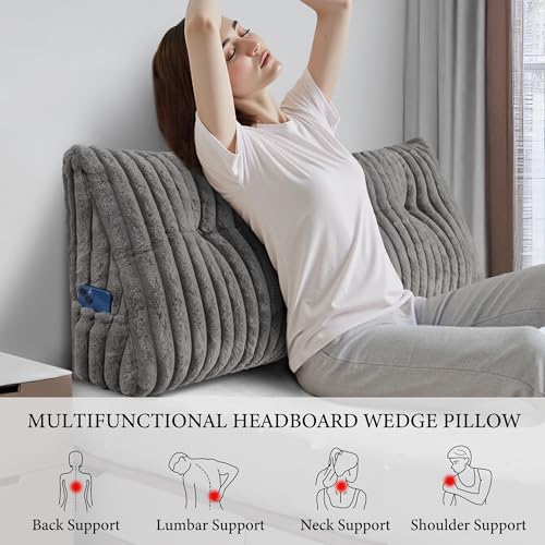 Queen Size Gray Triangular Wedge Pillow with Side Pockets - Support & Reading Cushion