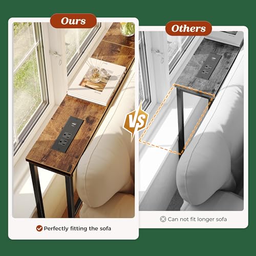 Narrow Behind Couch Table with Charging Stations - Rustic Brown, 94.5 Inch