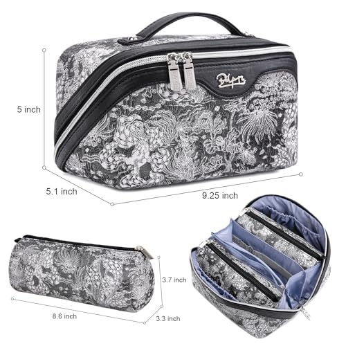 BOYATU Travel Makeup Bag for Women: Large Capacity Make up Bag with Compartments - Vegan Leather Cosmetic Bag set of 3 - Waterproof Toiletry Bag with Handle & Divider(E-2-Black)