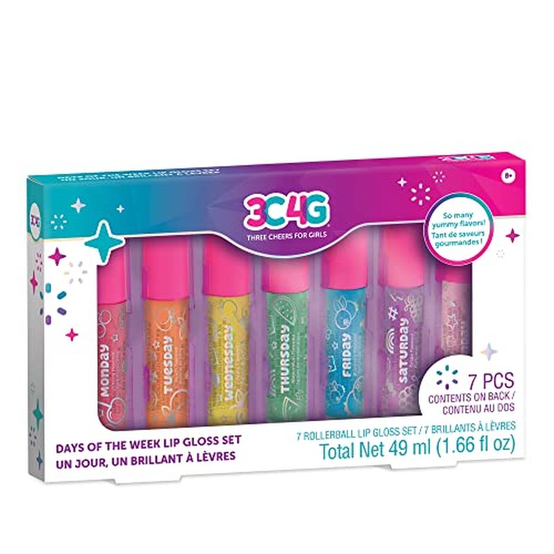 Make It Real 3C4G Days of the Week Lip Gloss Set - 7 Pack Kids Lip Gloss Kit - Clear Flavored Roll On Lip Gloss for Girls & Teens