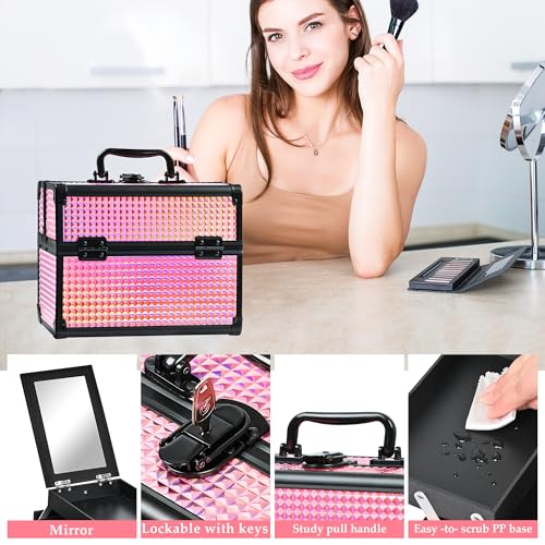 Makeup Train Case Organizer with Mirror and Pouch - Black Bright Pink Variation
