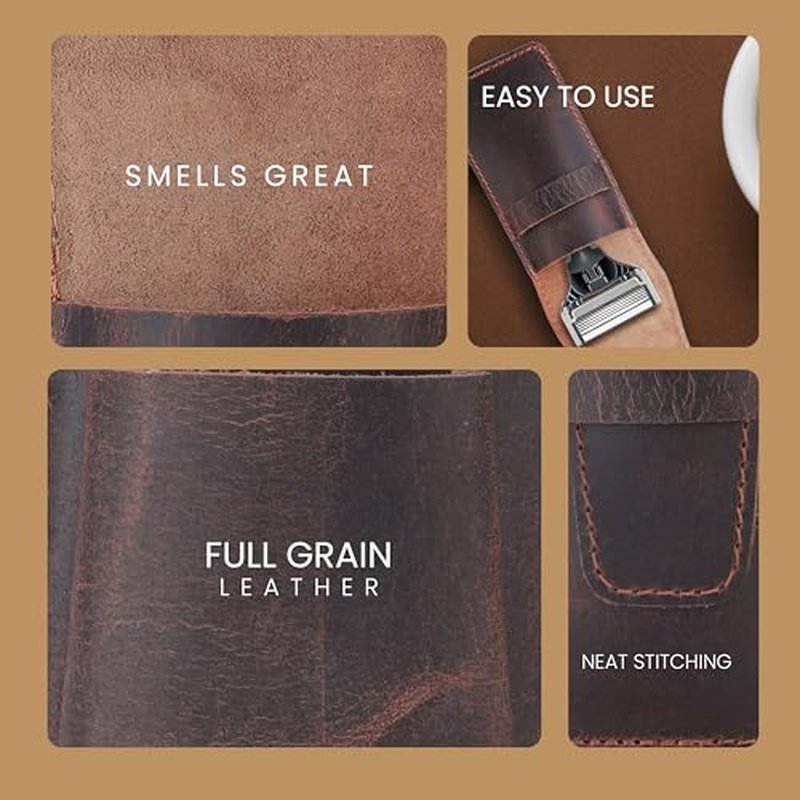 Leather Safety Razor Case Shaving Accessories Straight Safety Razor Holder for Double Edge Personal Care Essentials Handmade Shaver Case for Travel (Brown)