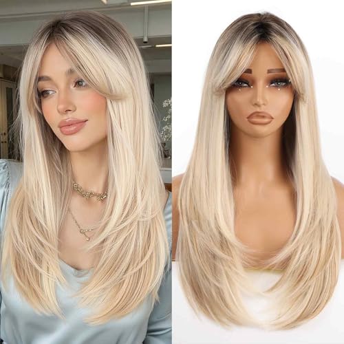 Allbell Ombre Blonde Long Straight Layered Wig 24 Inch Natural Look Synthetic Heat-Resistant for Women - Middle Part