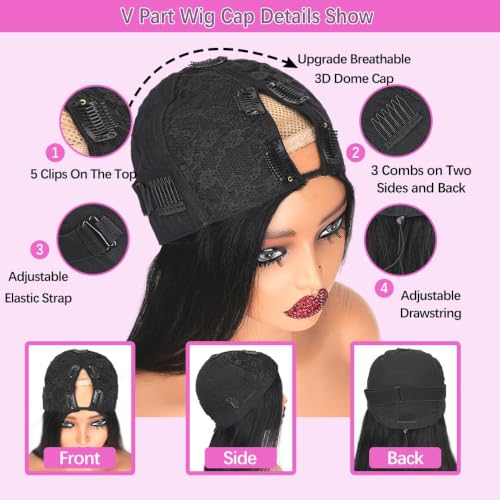 18 Inch V Part Human Hair Wig - Natural Black, Bone Straight, No Sew Glue-Free, Clip-In Half Wig for Black Women