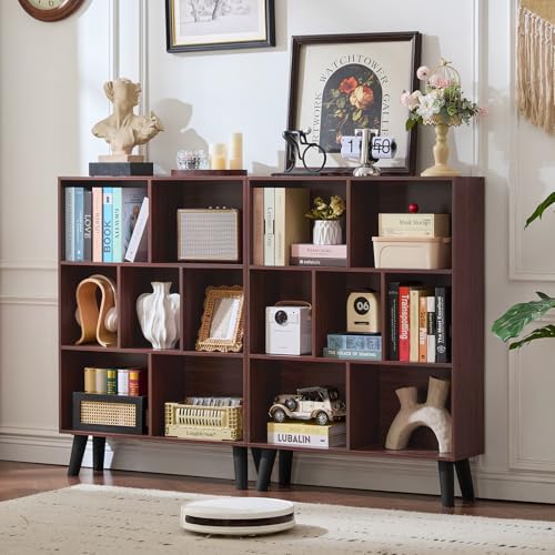 Walnut Cube Bookshelf with Legs - Mid-Century Modern 7 Cube Storage